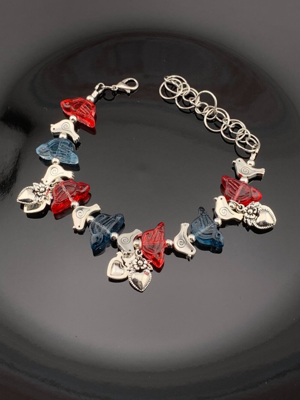 Red Blue Silver Birds Flower Hearts Bracelet Anklet 8" - 10.75" Handmade LR187